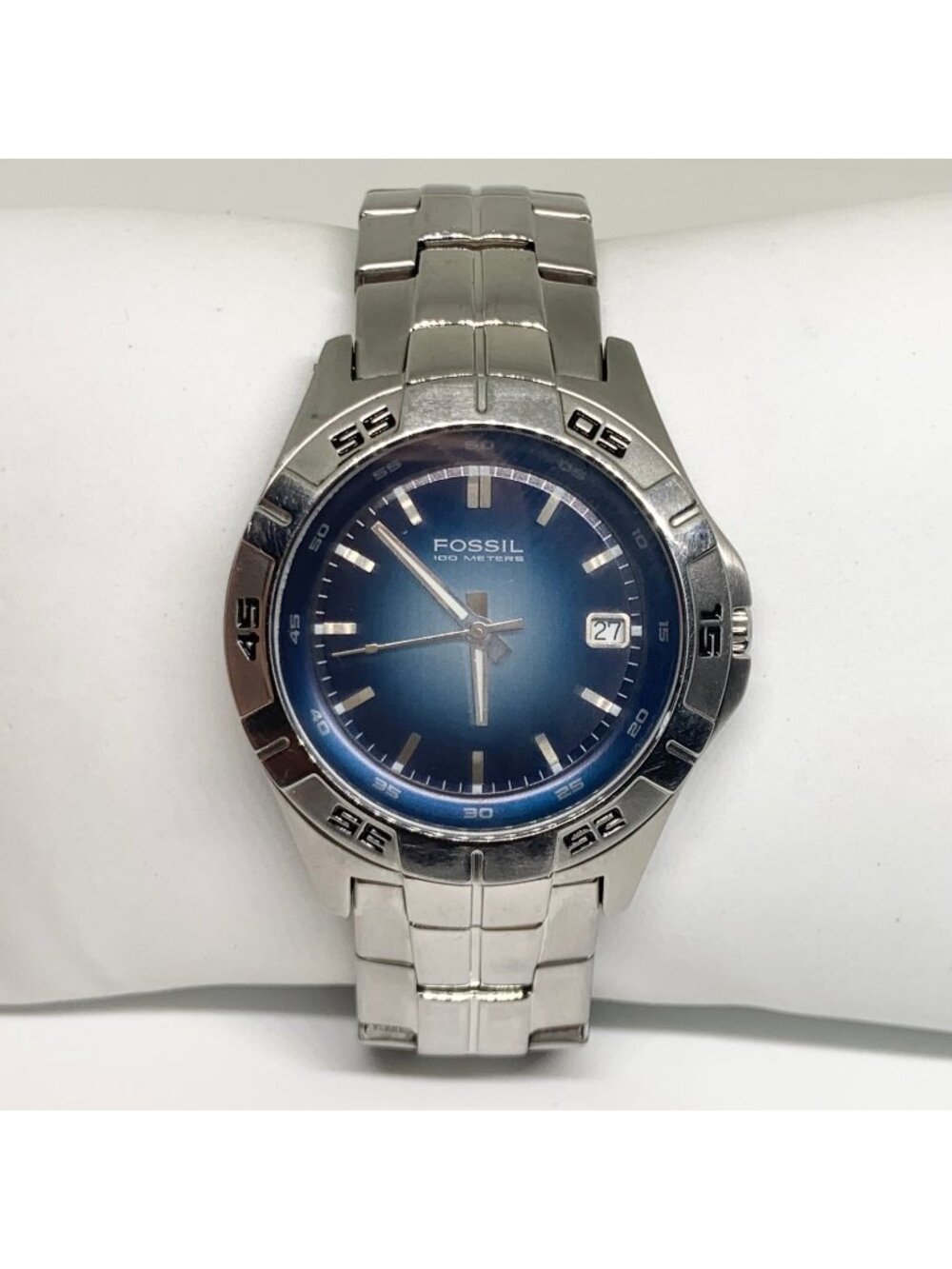 Men's Fossil blue Watch AM3996 date all stainless steel 100MWR 40mm running